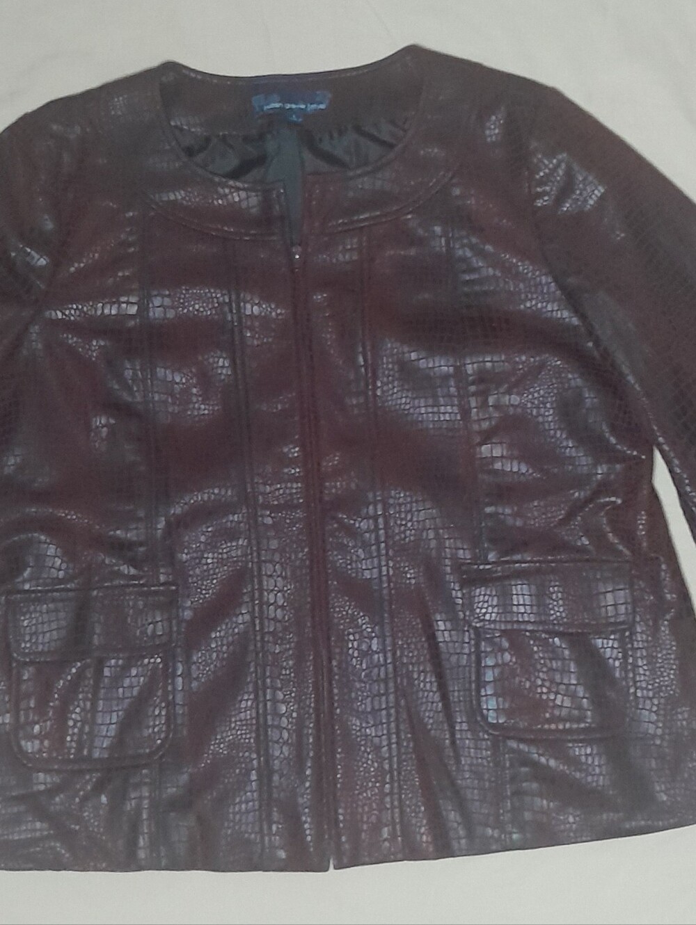 Susan Graver Faux Leather Jacket Large Burgundy Croc Embossed Zip Front